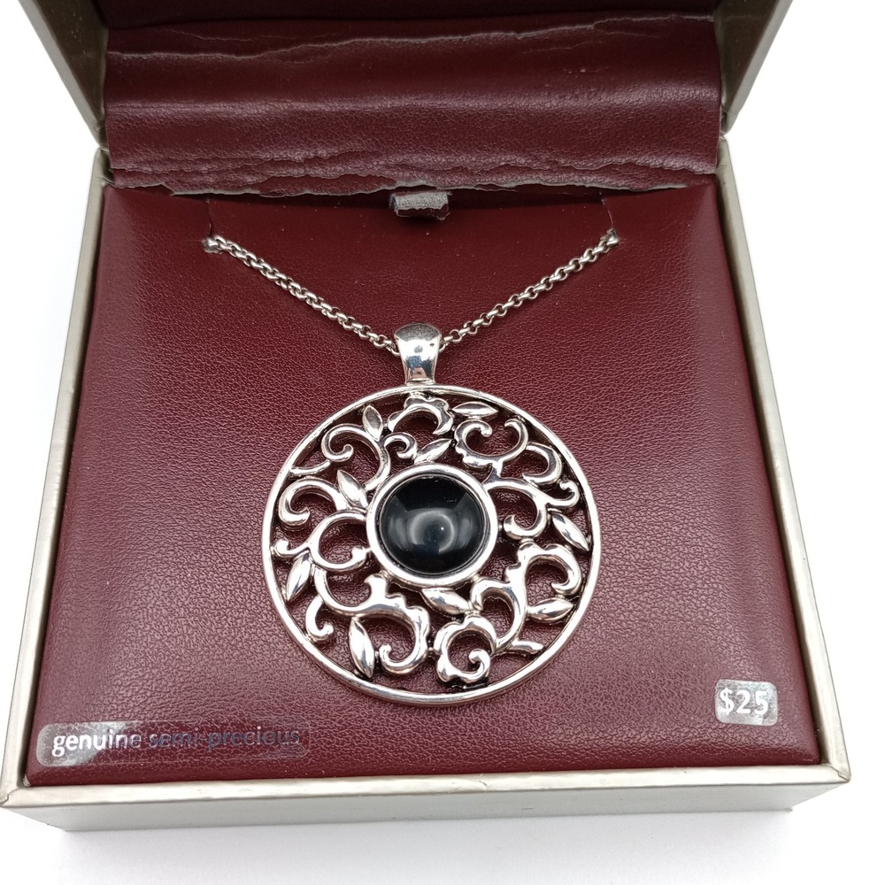 Etienne Aigner Silver-Tone Filigree Round Semi-Precious Pendant Necklace w/ Box‎ - Picture 2 of 14